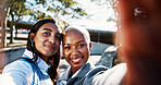 Happy women, portrait and city with selfie for photography, picture or outdoor post at park. Face, female people or friends with smile for capture moment, social media or memory together in town