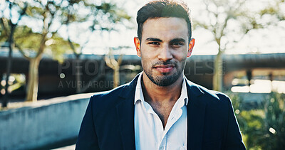 Buy stock photo Portrait, business and man in city, travel and confident personality with financial advisor. Happy person, outdoor and employee with morning commute, pride and career ambition with economy expert