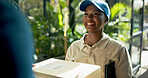 Cardboard box, woman and delivery with parcel by home for logistics distribution with career. Happy, supply chain and African female courier driver with package for order with cargo service by house.