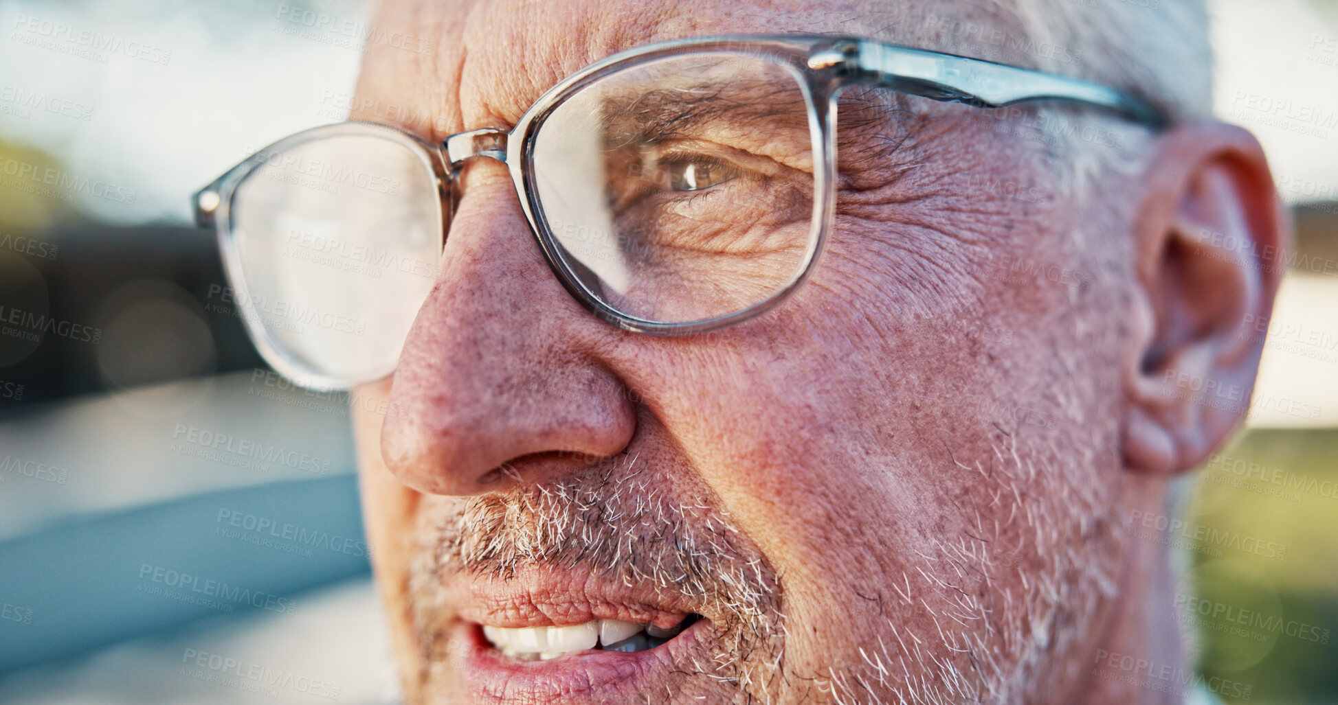 Buy stock photo Glasses, senior man and thinking outdoor with vision, optometry for wellness with prescription lens and eyesight. Closeup, face and male person with optical solution, eyecare and ophthalmology frame