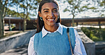 Portrait, business and woman with smile, outdoor and confident personality with financial advisor. Happy person, pride or employee with break, morning commute and career ambition with economy analyst