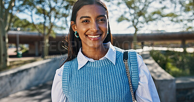 Buy stock photo Portrait, business and woman with smile, outdoor and confident personality with financial advisor. Happy person, pride or employee with break, morning commute and career ambition with economy analyst