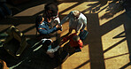 Business, people and handshake in lobby for travel to global convention, corporate seminar and b2b collaboration. Above, professional and shaking hands with luggage for team introduction and welcome