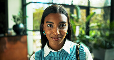 Buy stock photo Portrait, business and happy Indian woman in office as green consultant with ambition for career. Face, professional employee and confident worker, sustainability advisor or eco friendly specialist