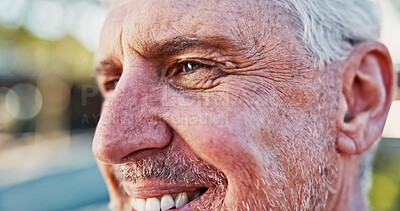 Buy stock photo Man, senior and closeup for thinking in city, inspiration or solution with ideas outdoor, vision or smile. Reflection, memory and remember with eyes for perspective, face and contemplating in street