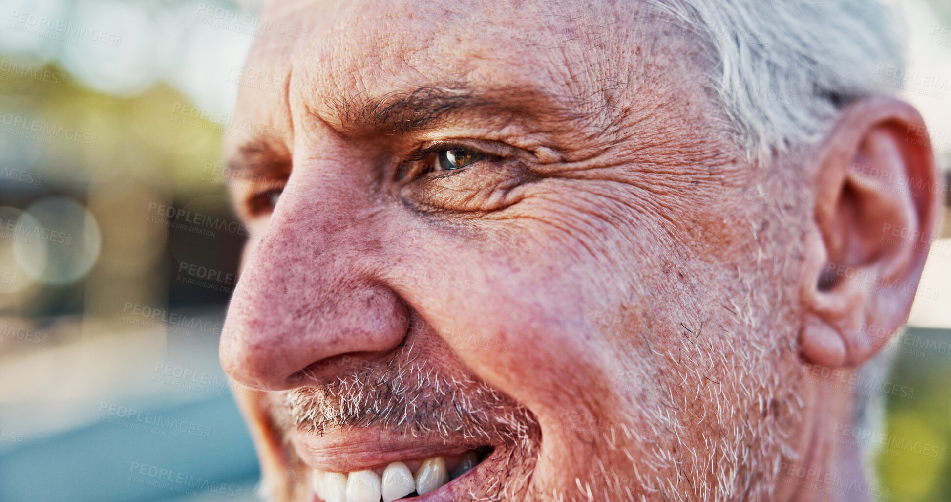 Buy stock photo Man, senior and closeup for thinking in city, inspiration or solution with ideas outdoor, vision or smile. Reflection, memory and remember with eyes for perspective, face and contemplating in street