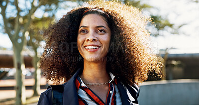 Buy stock photo Outdoor, employee and woman with smile, daydreaming and excited for career growth, travel and morning. City, paralegal and person with positive mindset for new job, thinking and commuting to work