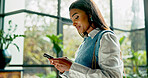 Smile, business and woman with phone in office for communication, research and sustainable consultant. Female person, mobile and online web with schedule update, reading information and green project