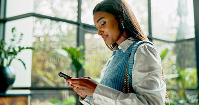 Buy stock photo Smile, business and woman with phone in office for communication, research and sustainable consultant. Female person, mobile and online web with schedule update, reading information and green project
