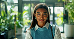 Portrait, business and happy Indian woman in workplace as green consultant in net zero startup. Smile, professional employee and confident worker, sustainability advisor and eco friendly specialist