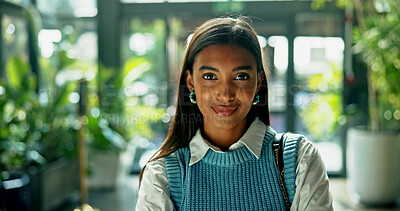 Buy stock photo Portrait, business and happy Indian woman in workplace as green consultant in net zero startup. Smile, professional employee and confident worker, sustainability advisor and eco friendly specialist