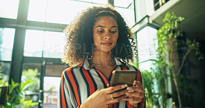Buy stock photo Business, woman and typing with phone in office for communication, research and sustainable advisor. Female person, mobile and online with schedule update, reading information and green project forum