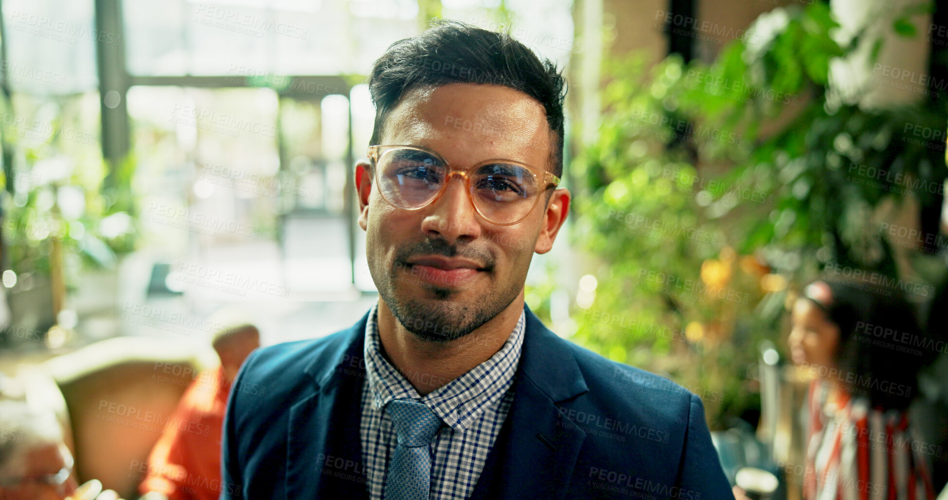Buy stock photo Portrait, smile and business man in cafe with career as green consultant with glasses in meeting. Pride, professional employee and confident corporate worker or sustainability manager coworking
