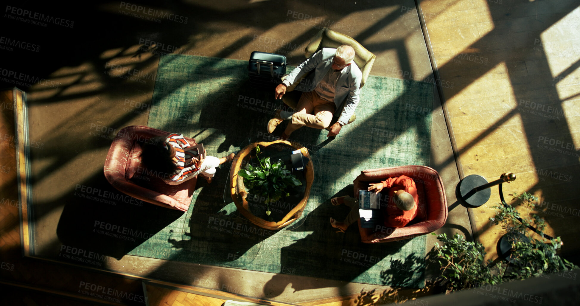 Buy stock photo Above, airport lounge and business people with luggage, conversation and waiting for flight. Passport, discussion and group with global trade, international travel and suitcase with break and ticket