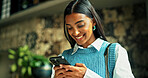 Happy, business and woman with phone in office for communication, research and sustainable consultant. Female person, mobile and online web with schedule update, reading information and green project