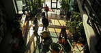 Above, business trip and people in lobby of hotel for checkin, arrival or reception desk. Hospitality, men and women at entrance of travel accommodation with luggage, service or walking with suitcase