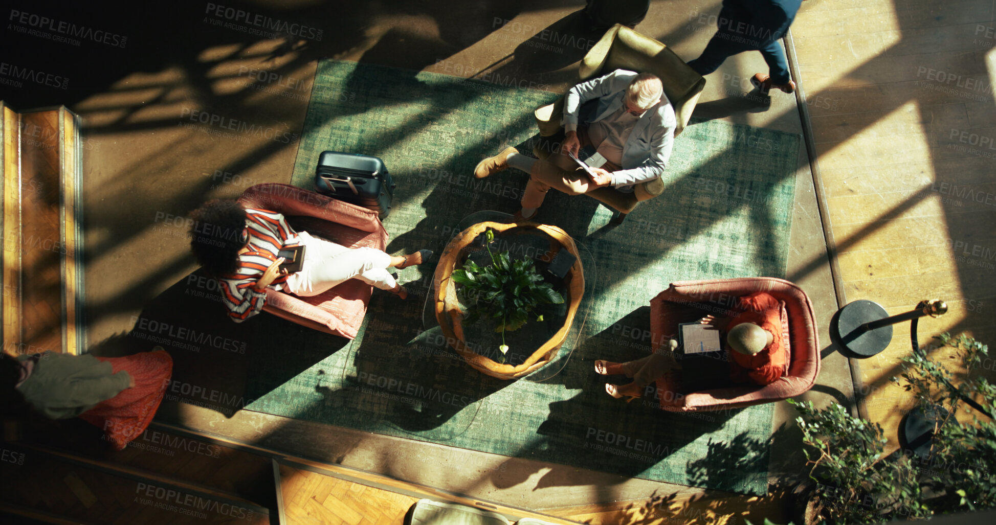 Buy stock photo Above, airport lounge and business people with suitcase, passport and international travel for flight. Foreign, discussion and group with global trade, ticket and luggage with break and immigration