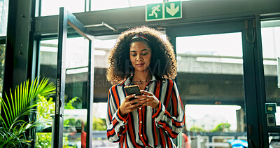 Buy stock photo Business, woman and reading with phone in office for communication, research and sustainable advisor. Female person, mobile and online with schedule update, review information and green project forum