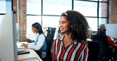 Buy stock photo Call center, computer and woman with headset, talking and lead generation, conversation and consultation. Telemarketing, agent and person with tech for sales, communication and friendly for services