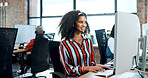 Call center, computer and woman with headset, smile and lead generation, conversation and consultation. Telemarketing, agent and person with tech for sales, communication and friendly for services
