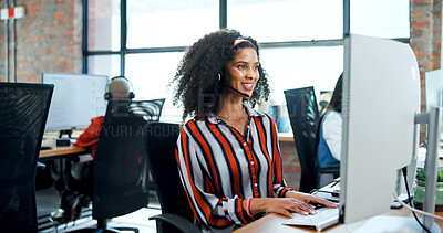 Buy stock photo Call center, computer and woman with headset, smile and lead generation, conversation and consultation. Telemarketing, agent and person with tech for sales, communication and friendly for services