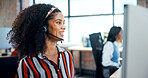 Call center, computer and woman with headset, friendly and lead generation, conversation and talking. Telemarketing, agent and person with tech for sales, consultation and communication for services