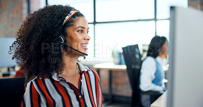 Buy stock photo Call center, computer and woman with headset, friendly and lead generation, conversation and talking. Telemarketing, agent and person with tech for sales, consultation and communication for services