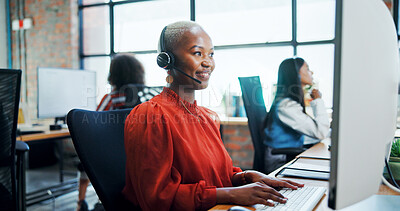 Buy stock photo Call center, agent and woman with headset, computer and lead generation, conversation and consultation. Telemarketing, smile and person with tech for sales, communication and friendly for service