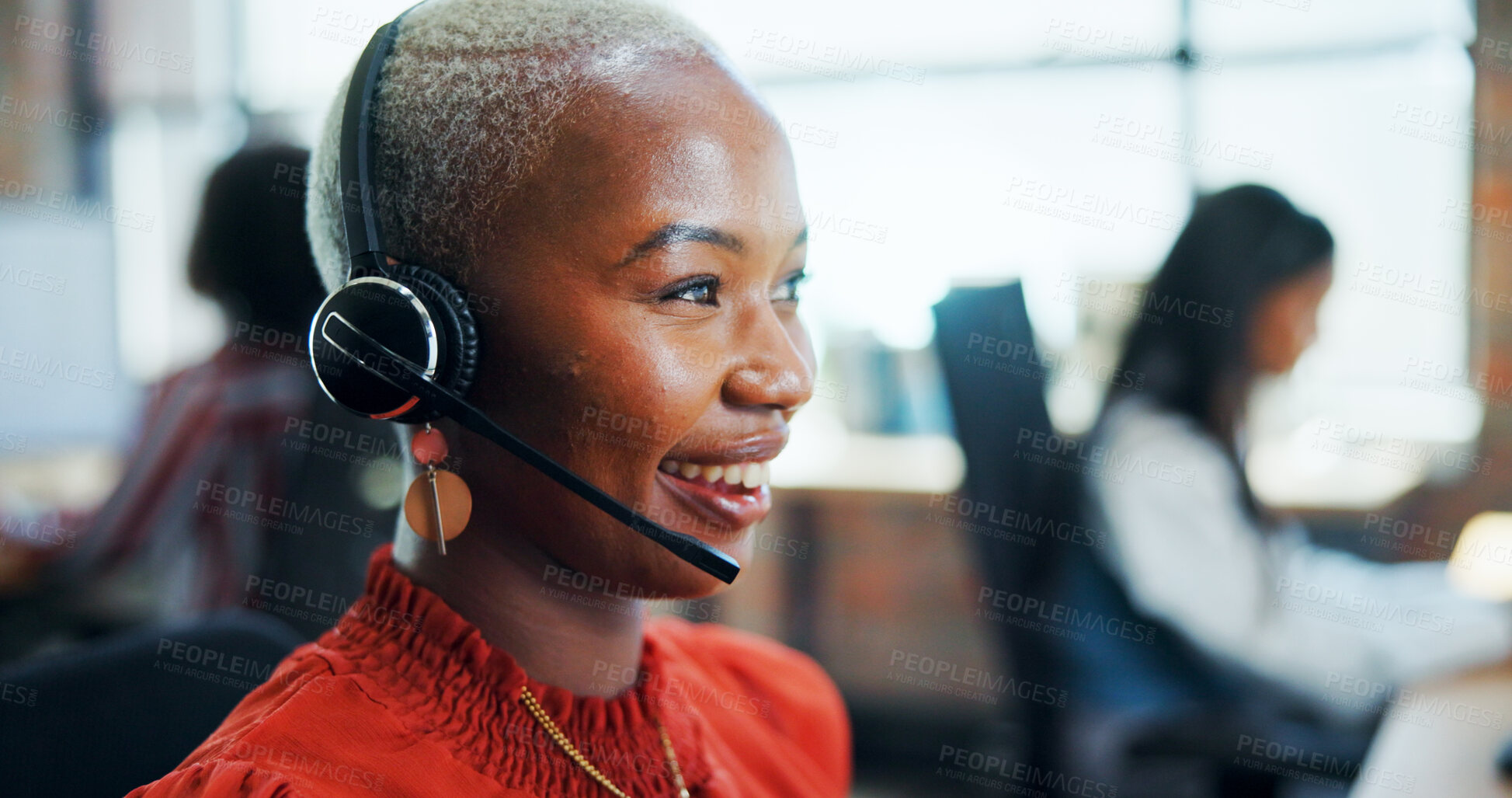 Buy stock photo Call center, agent and woman with headset, happy and lead generation with tech, smile and conversation. Telemarketing, consultant and person with microphone for sales, communication and friendly