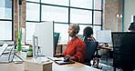 Call center, computer and woman with headset, reading and lead generation, conversation and talking. Telemarketing, agent and person with tech for sales, consultation and communication for services