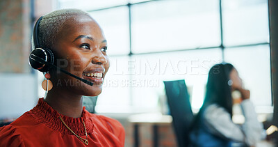 Buy stock photo Call center, consultant and woman with headset, telemarketing and lead generation, smile and talking. Communication, agent and person with tech for sales, consultation and friendly for services
