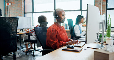 Buy stock photo Call center, agent and woman with computer, lead generation and communication with contact for sales. Business, consultant and people with tech for telemarketing, talking and research for services