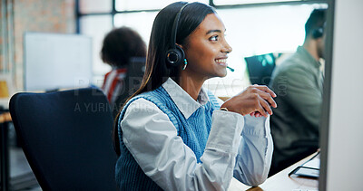 Buy stock photo Smile, woman and headset with computer at call centre for customer service, contact us and advisor. Female person, consultant and online assistance for crm advice, information and help with procedure
