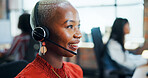 Call center, agent and woman with headset, talking and generation of leads, conversation and consultation. Telemarketing, smile and person with tech for sales, communication and friendly for services