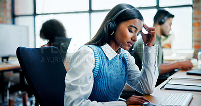Buy stock photo Burnout, headache and stress with woman in call center for assistance, feedback or problem solving. Computer, contact us and frustration with employee in workplace for customer service or support