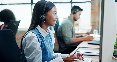 Buy stock photo Woman, laugh and headset with computer at call centre for customer service, contact us and advisor. Female person, consultant and online assistance for crm advice, information and help with procedure