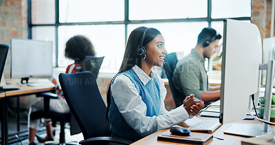 Buy stock photo Corporate, woman and headset with computer at call centre for customer service, contact us and advisor. Female person, consultant and online assistance of crm advice, guide and helping with procedure