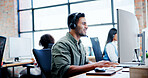 Business, man and typing on computer at call centre for customer service, questions and information. Male advisor, headset and consultant for online assistance, crm advice and helping with procedure