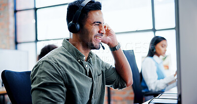 Buy stock photo Business, man and headset with computer at call centre for customer service, contact us and advisor. Male person, laughing and consultant for online assistance, crm advice and helping with procedure