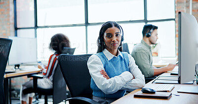 Buy stock photo Portrait, proud and woman with headset at call centre for customer support, contact us and advisor. Female person, consultant and arms crossed for online assistance, career pride and friendly service