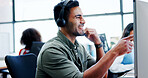 Business, man and pointing with computer at call centre for customer service, information and advisor. Male person, headset and consultant for online assistance, crm advice and helping with procedure