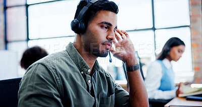 Buy stock photo Burnout, headache and stress with man in call center for assistance, feedback or problem solving. Computer, contact us and frustration with unhappy employee at work for customer service or support