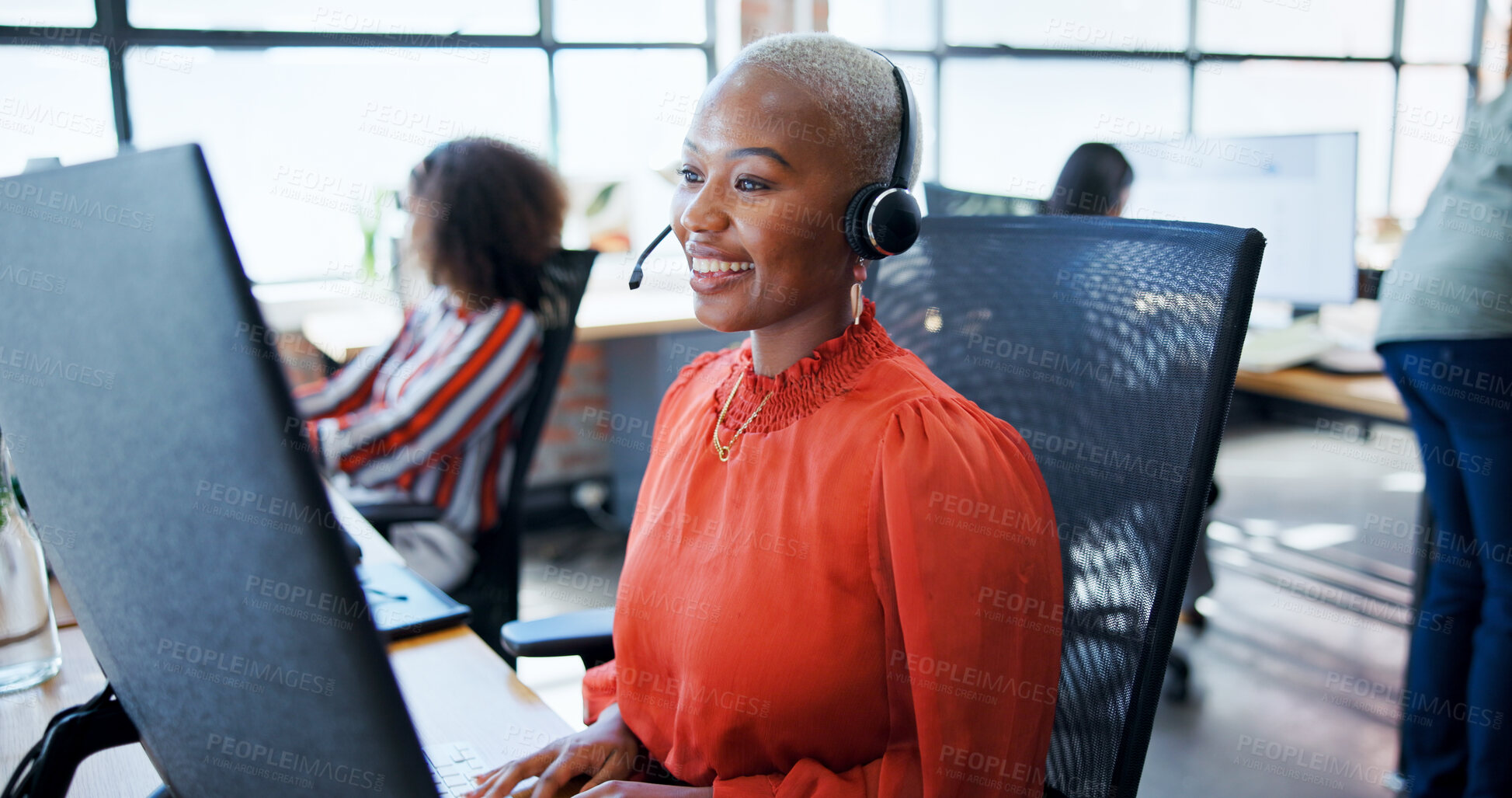 Buy stock photo Business, woman and smile with computer at call center for customer support, information and script. African advisor, headset and pc for online assistance, review survey and report of service request