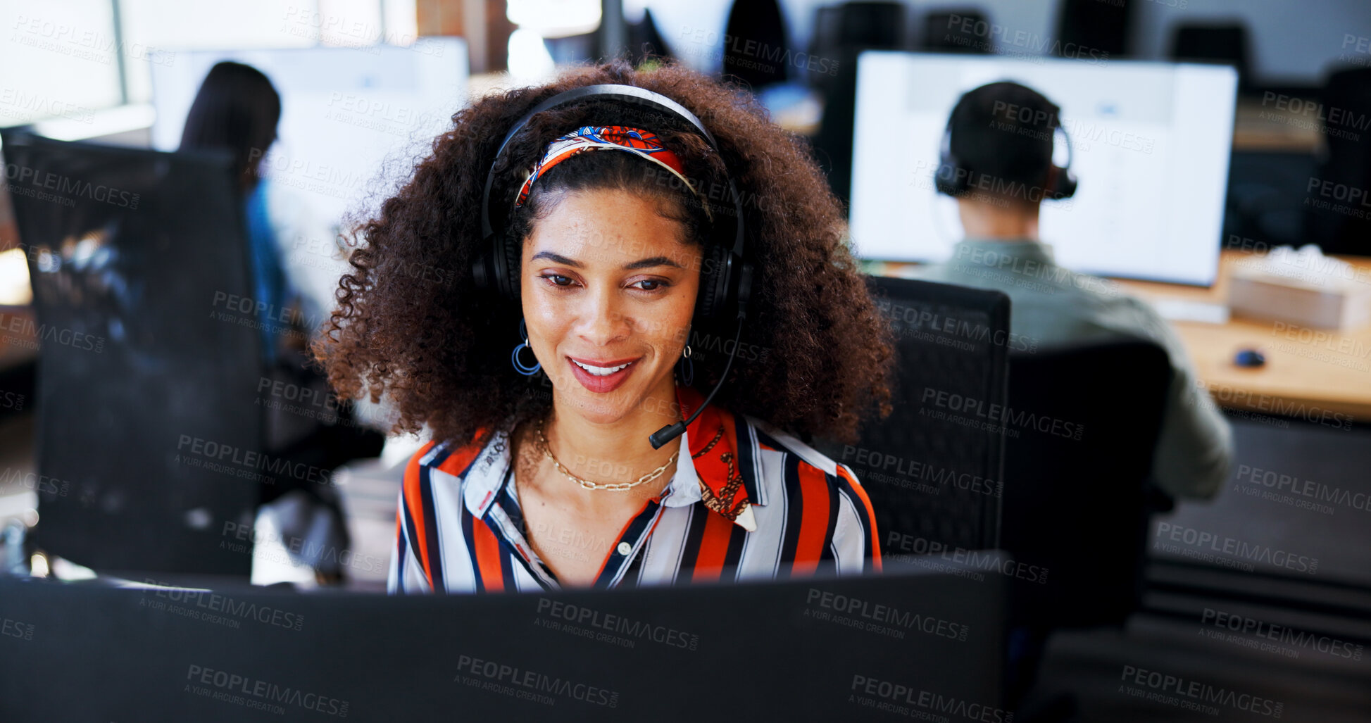 Buy stock photo Happy, business and woman with computer at call centre for customer support, information and script. Female advisor, headset and pc for online assistance, review survey and report for service request