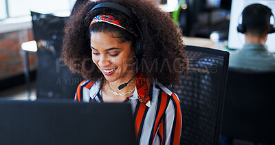 Buy stock photo Happy, woman and headset with computer at call centre for customer support, information and script. Female advisor, telecom and pc for online assistance, review survey and report for service request