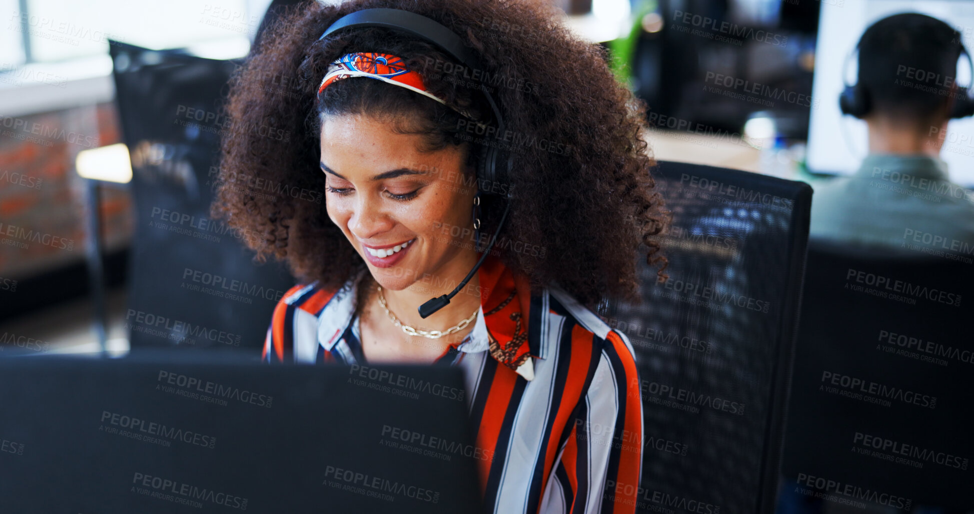 Buy stock photo Happy, woman and headset with computer at call centre for customer support, information and script. Female advisor, telecom and pc for online assistance, review survey and report for service request