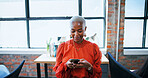 Creative agency, businesswoman and scroll with smartphone for chat, online news and contact in office. Workplace, female person and designer on break with digital, blog application and social media