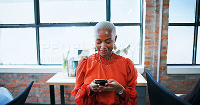Buy stock photo Creative agency, businesswoman and scroll with smartphone for chat, online news and contact in office. Workplace, female person and designer on break with digital, blog application and social media