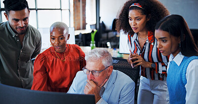 Buy stock photo Business people, teamwork and computer in office, online reading and feedback for project proposal. Group, employee and cooperation in workplace, pc and email with newsletter and review report