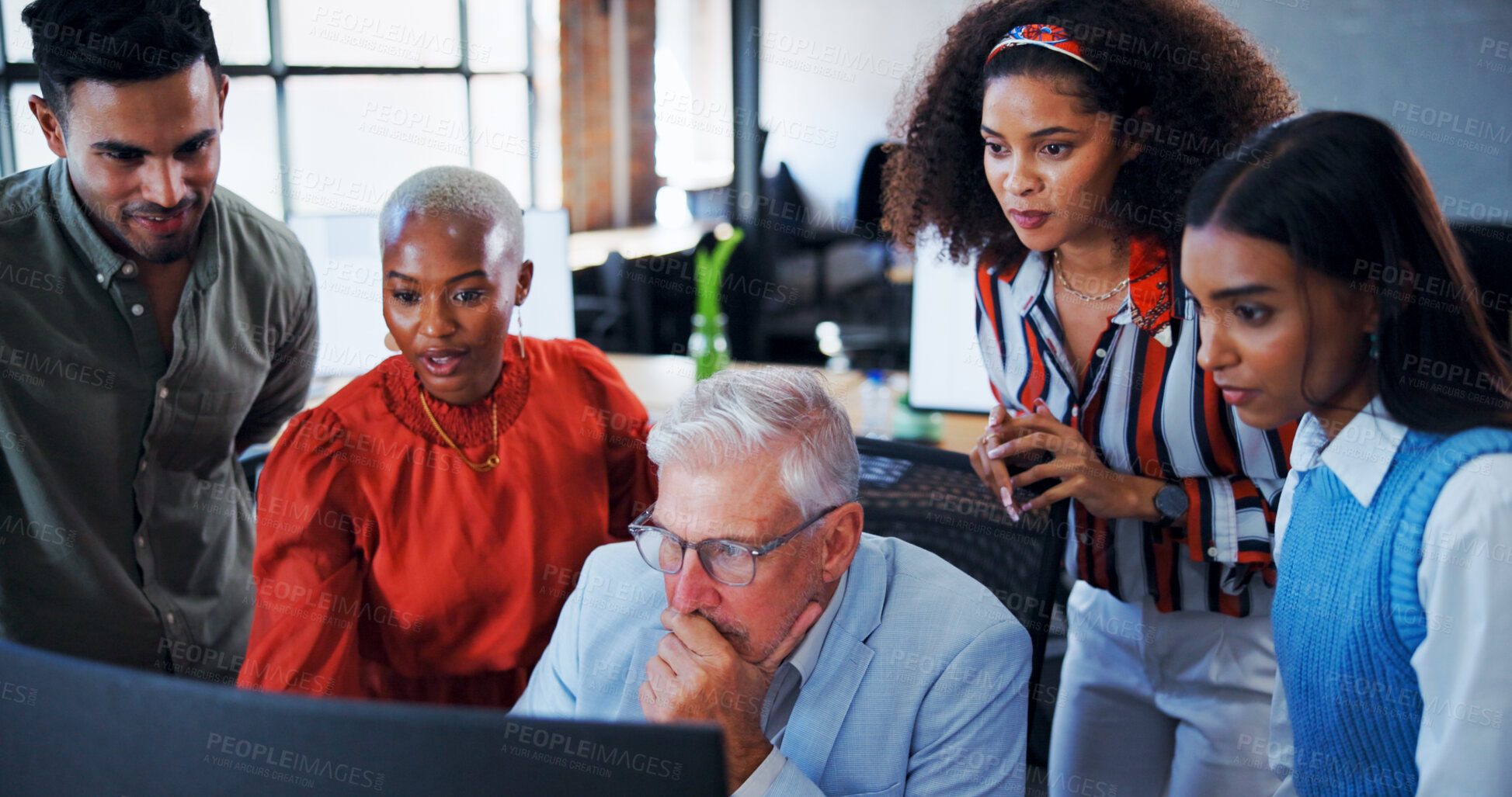 Buy stock photo Business people, teamwork and computer in office, online reading and feedback for project proposal. Group, employee and cooperation in workplace, pc and email with newsletter and review report